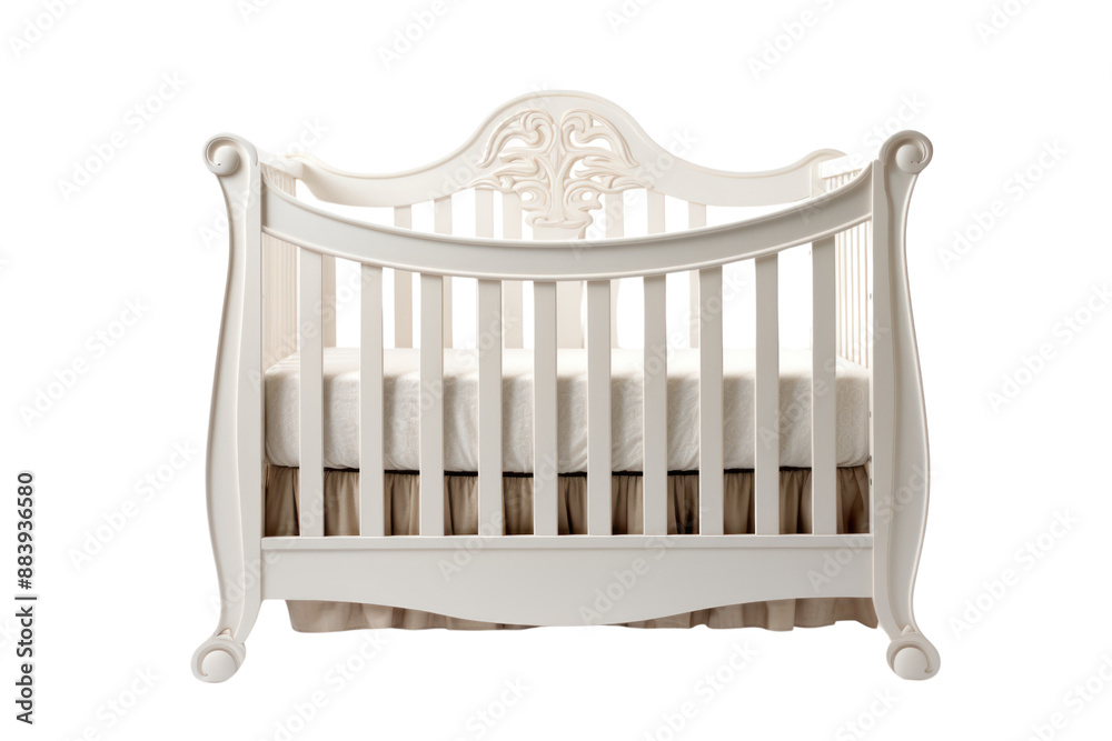 A convertible baby crib that can transform into a toddler bed, isolated on white background A convertible baby crib that can transform into a toddler bed, isolated on white background