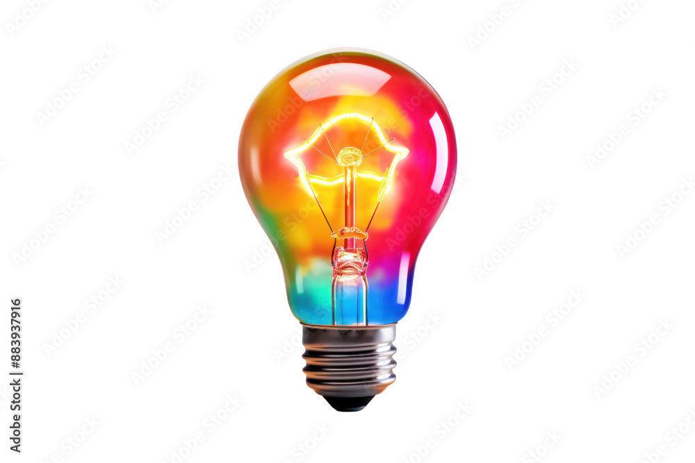 A colorful smart light bulb with a fun, playful design, emitting a vibrant glow, isolated on a white background. A colorful smart light bulb with a fun, playful design, emitting a vibrant glow, isolated on a white background.