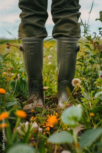 A close-up of a farmer's feet clad in rubber boots amidst green field plants, emphasizing agricultural work and farming activities. © wpw