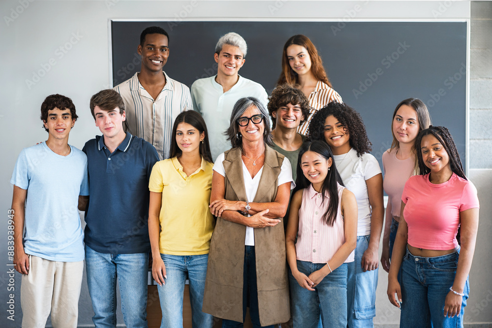Group portrait of teenager students with senior teacher at school classroom ready to start college university Group portrait of teenager students with senior teacher at school classroom ready to start college university