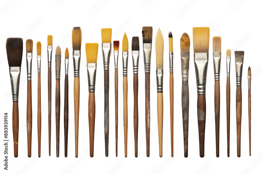 A collection of paintbrushes of different sizes and shapes, isolated on a white background A collection of paintbrushes of different sizes and shapes, isolated on a white background