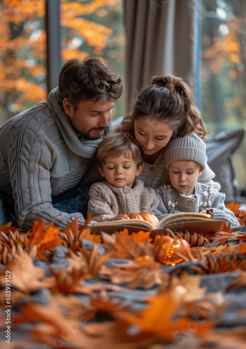 A family with adults, children, and teenagers reading Halloween tales in an autumn setting.