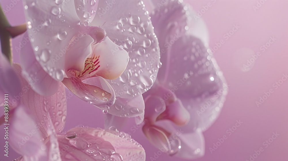 Close-up of wet orchid flower with stem, soft purple blur background, rain drops, exotic and elegant composition. Close-up of wet orchid flower with stem, soft purple blur background, rain drops, exotic and elegant composition.