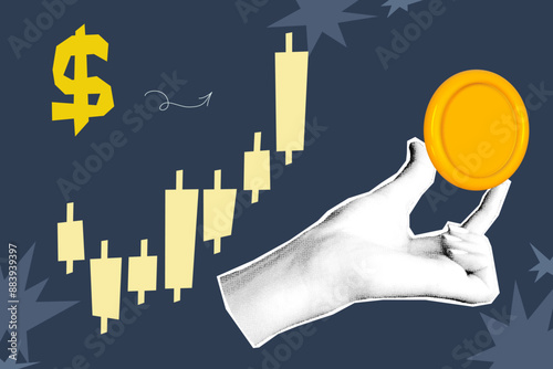 Halftone collage invest banner with hand, money. Growth finance business and marketing. Concept with halftone hand. Vector contemporary illustration