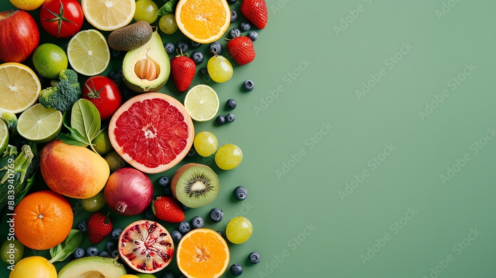 Assortment of fresh fruits and vegetables on a green background. Assortment of fresh fruits and vegetables on a green background.