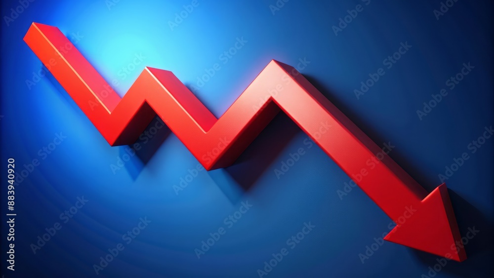 Vibrant red 3D arrow plunges downward against a profound deep blue background, loudly proclaiming a stark downward market trend. Vibrant red 3D arrow plunges downward against a profound deep blue background, loudly proclaiming a stark downward market trend.