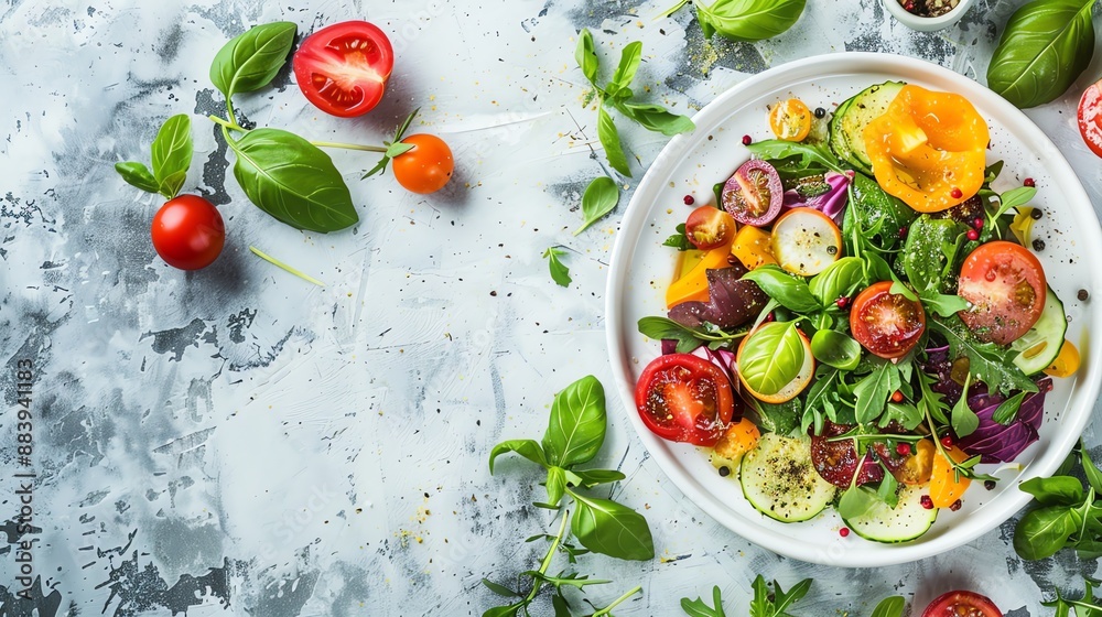 Fresh salad with tomatoes, cucumbers, and basil on a white plate. Fresh salad with tomatoes, cucumbers, and basil on a white plate.