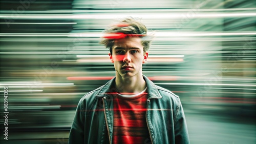 Artistic style image of a person with digital glitch effects on a red and blue background