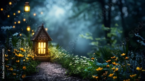 Magical forest pathway with glowing lanterns and vibrant wildflowers under a misty night sky, creating a mystical ambiance.