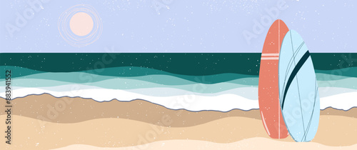 two sup boards coral pink and navy blue colors, sunny beach, surfing, active sport sea shore, sand, ocean waves, sea foam, turquoise water, vacation holiday banner, Hawaii, tropical, hot weather