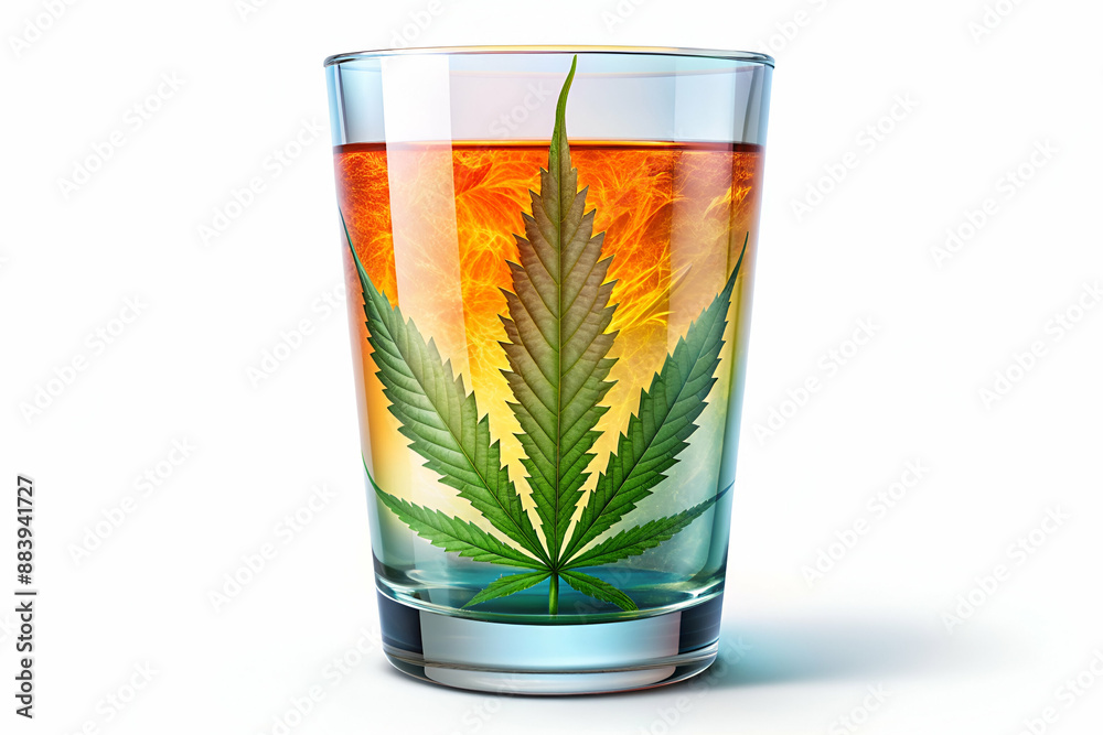 A glass of liquid with a leaf on it