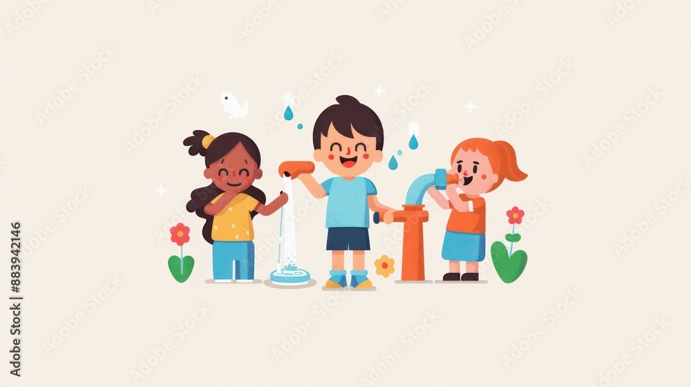 Joyful Diverse Children Playing Around Clean Water Source - Access to Clean Water Concept in Flat Design, Generative Ai Joyful Diverse Children Playing Around Clean Water Source - Access to Clean Water Concept in Flat Design, Generative Ai