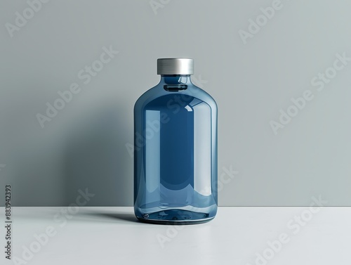 A minimalist product shot of a Blue glass bottle with a silver cap, resting on a geometric gray and white background "ai generated"