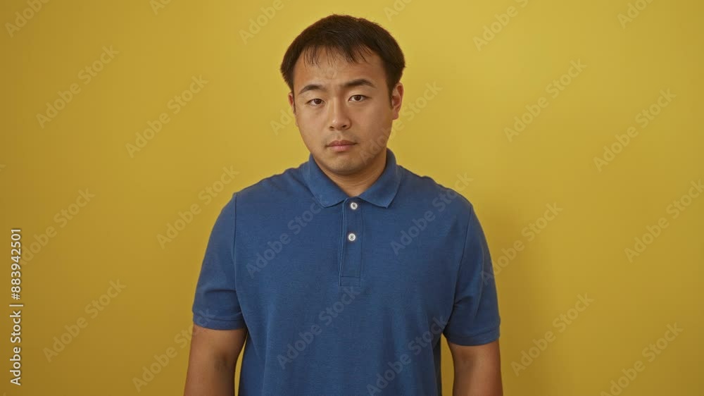 Young chinese man standing with serious expression on natural simple face, looking relaxed at camera over isolated yellow background Young chinese man standing with serious expression on natural simple face, looking relaxed at camera over isolated yellow background