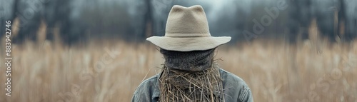 Man in a hat is standing in a field of tall, dry grass with a blurred forest background, showing a tranquil and rustic outdoor scene. photo