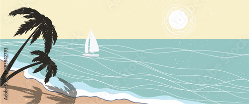 Sea water landscape banner beach sea shore, sun and palms, shadow, turquoise water, flat illustration, outdoors, vacation, printable design