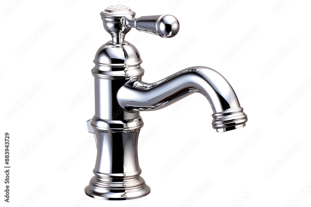 A classic, single-handle bathroom faucet with a polished chrome finish, isolated on a white background A classic, single-handle bathroom faucet with a polished chrome finish, isolated on a white background