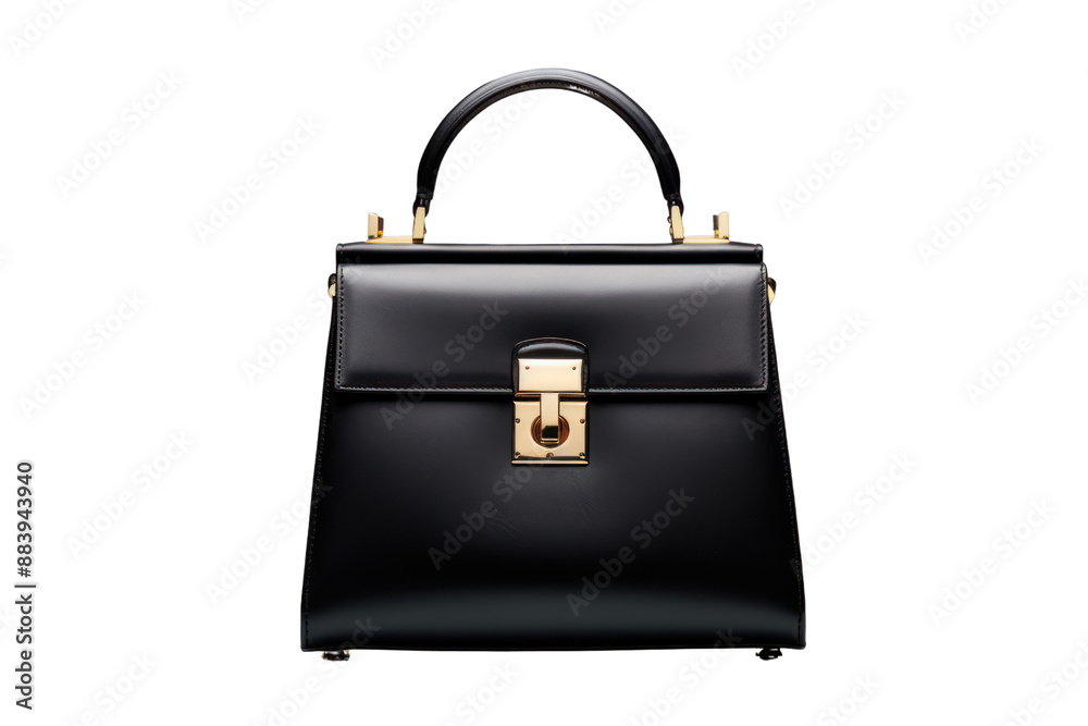 A classic black leather handbag with gold hardware, shot on a white background in a high-end studio setting. A classic black leather handbag with gold hardware, shot on a white background in a high-end studio setting.