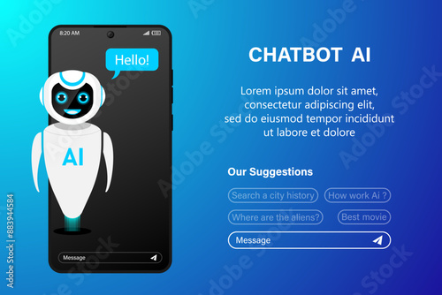 AI chat bot talking with customers at mobile phone. Internet Chatbot in image robot on screen phone click on speech bubble. Artificial intelligence