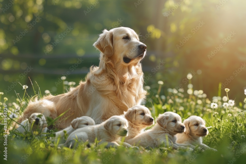 Golden Retriever Mother and Her Pups Resting in a Meadow of Sunshine Golden Retriever Mother and Her Pups Resting in a Meadow of Sunshine