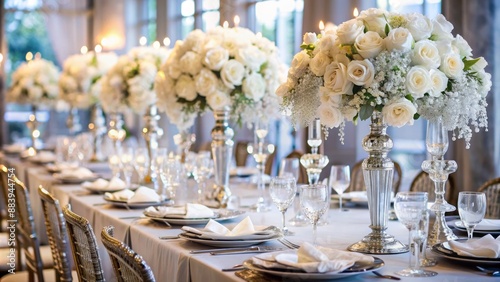 Elegant white banquet table adorned with lush floral arrangements, sparkling glasses, and refined silverware, exuding luxury and sophistication.