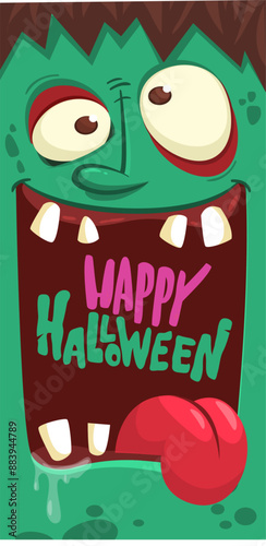 Cartoon funny green zombie character design with scary face expression. Halloween vector illustration isolated on white. Party poster, package design 