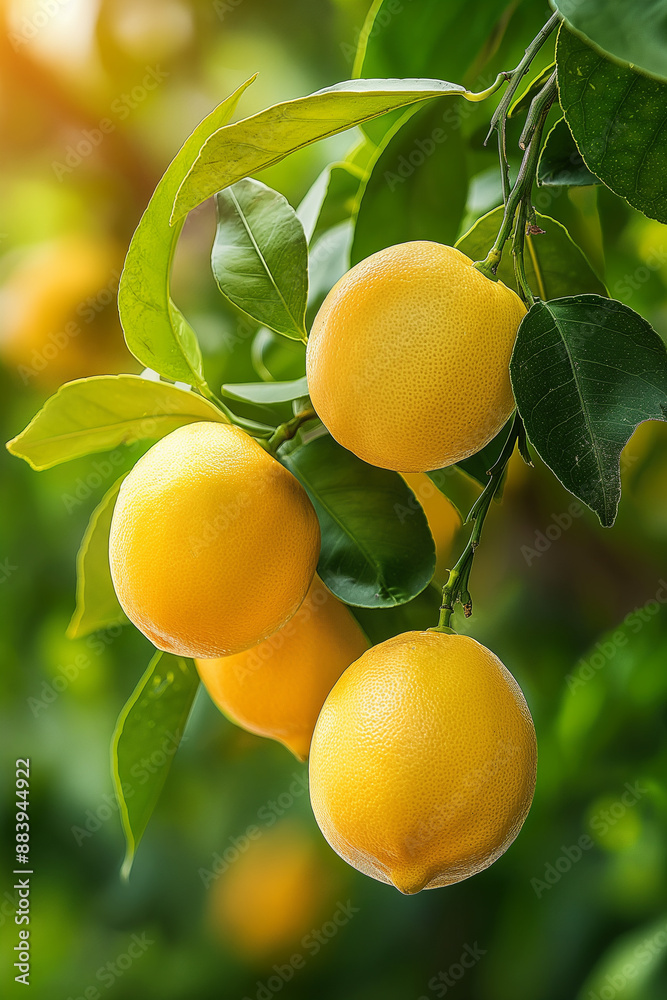 Lemons on a branch in the morning sunlight. Ripe, juicy fruits Lemons on a branch in the morning sunlight. Ripe, juicy fruits