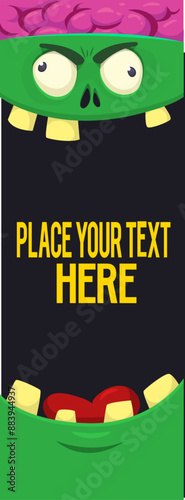 Cartoon funny green zombie character design with scary face expression. Halloween vector illustration isolated on white. Party poster, package design 