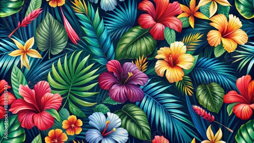 Vibrant tropical vector illustration featuring brightly colored hibiscus flowers and exotic palm leaves on a dramatic dark background.