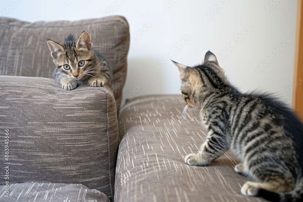 Two Curious Kittens Explore a Cozy Couch in a Sunlit Room Two Curious Kittens Explore a Cozy Couch in a Sunlit Room