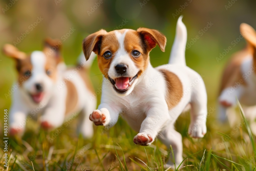 Joyful Jack Russell Puppies Frolicking in a Lush Green Meadow on a Sunny Day Joyful Jack Russell Puppies Frolicking in a Lush Green Meadow on a Sunny Day