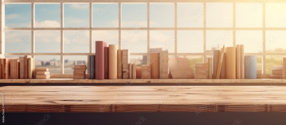 Wooden Tabletop with Window and Bookshelf Background Wooden Tabletop with Window and Bookshelf Background