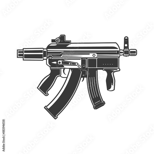 Detailed illustration of a compact assault rifle with folded stock