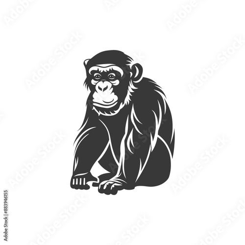 A black and white illustration of a chimpanzee sitting