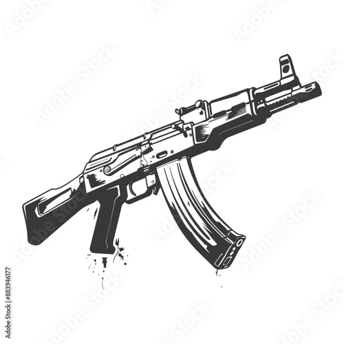 Detailed illustration of an assault rifle in black and white