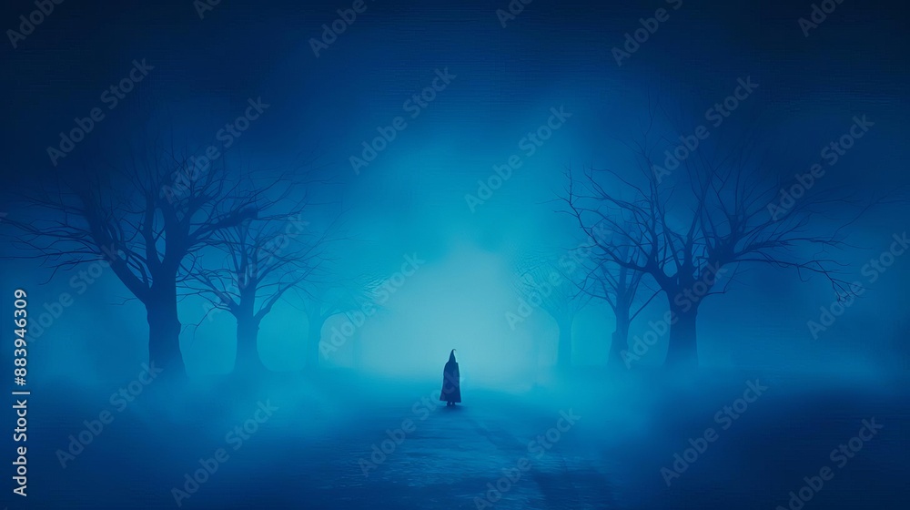 A mysterious silhouette walks through a foggy forest path at night, surrounded by bare trees and lit by a glowing blue light in the distance. A mysterious silhouette walks through a foggy forest path at night, surrounded by bare trees and lit by a glowing blue light in the distance.