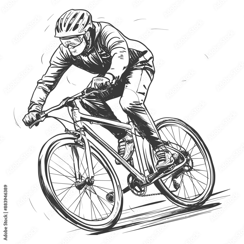 Naklejka premium Mountain biker rides challenging terrain at high speed