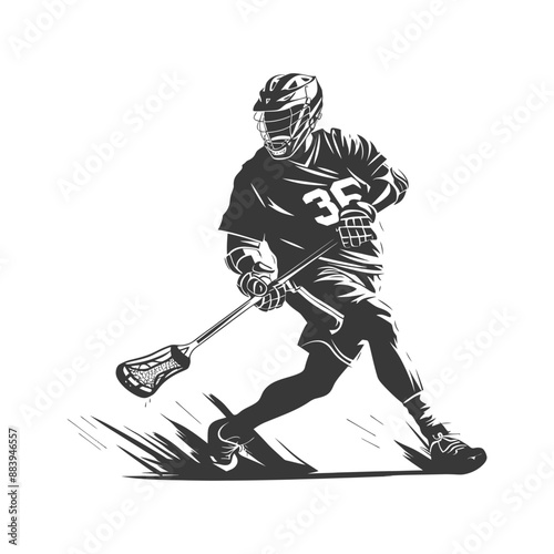 Dynamic lacrosse player in action black and white illustration