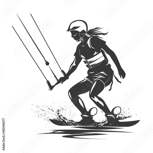Silhouette of a female wakeboarder riding a wave