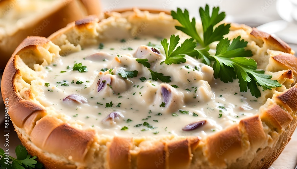 New England Clam Chowder in a Bread Bowl with Parsley
New England Clam Chowder in a Bread Bowl with Parsley
