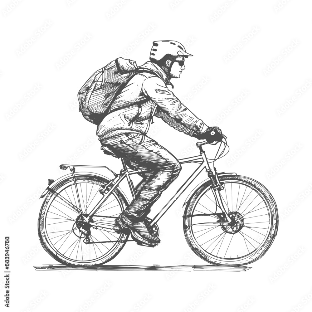 Naklejka premium Cyclist in protective gear rides bicycle on white background