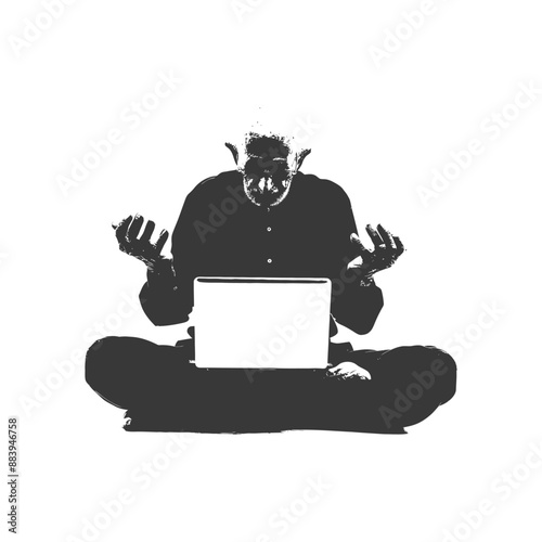 Laptop troubles frustrate a crosslegged man