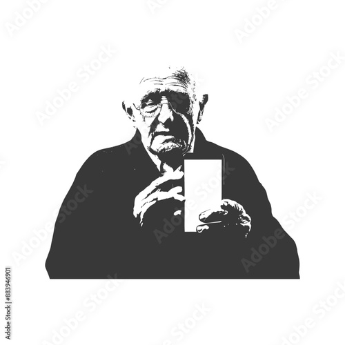 Elderly man holding a blank sign with a serious expression