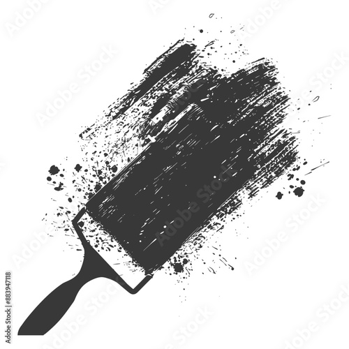 Paintbrush with Black Paint Stroke and Splatter