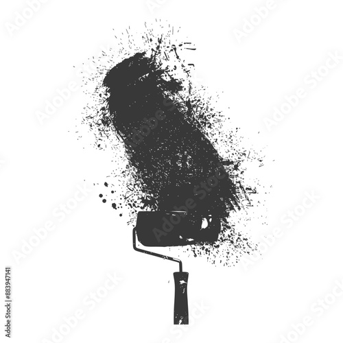 Paint roller with black ink blots and splatters