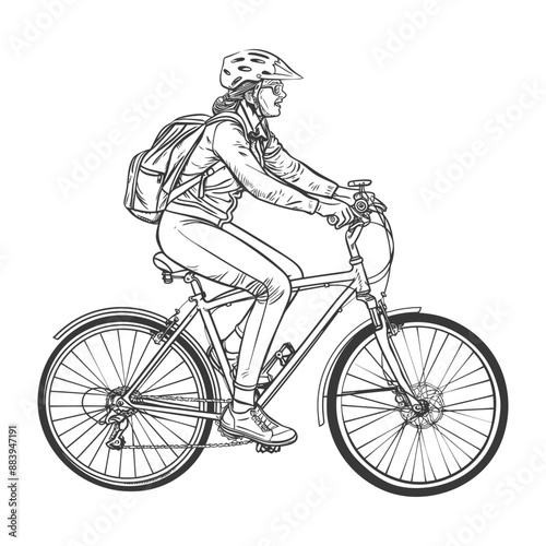 Young woman rides bicycle in athletic clothes and helmet