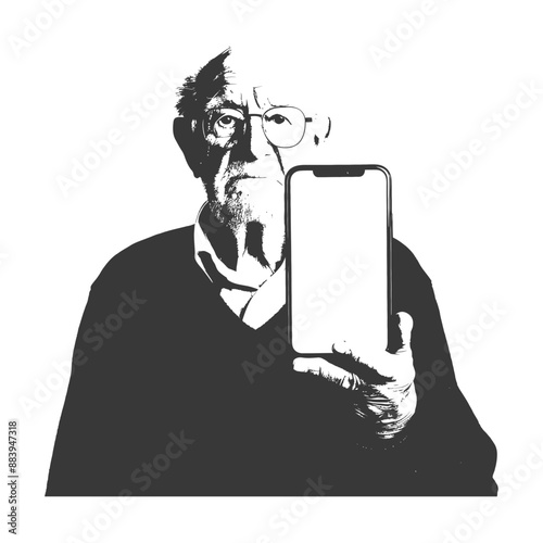 Elderly man holding a smartphone with blank screen