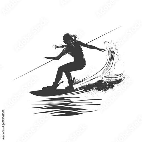 Silhouette of a female wakeboarder riding a wave