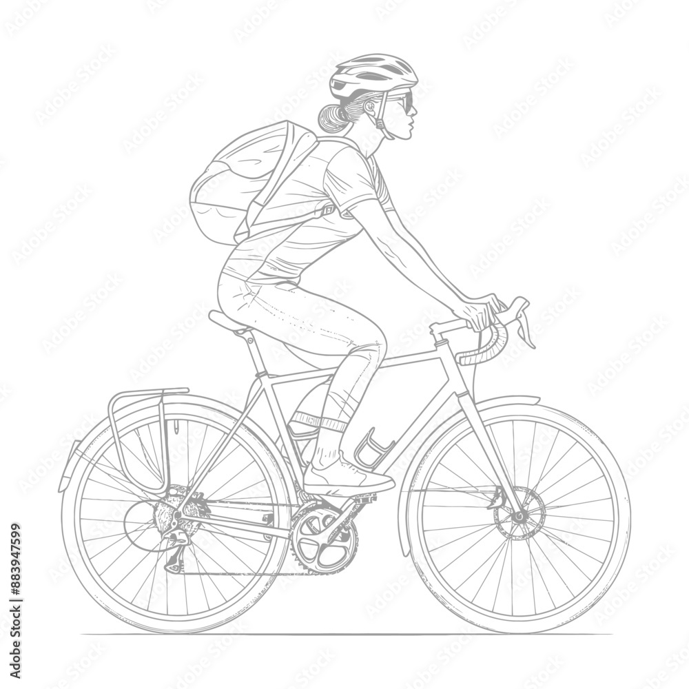 Naklejka premium Line Art: Woman Cycling with Backpack and Sunglasses