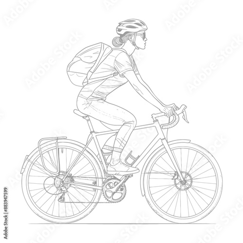 Line Art: Woman Cycling with Backpack and Sunglasses